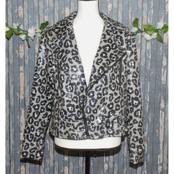 NWT Crazy Train Leopard Print Moto Jacket Size M Zip Up Studded Vegan Leather - Picture 1 of 12